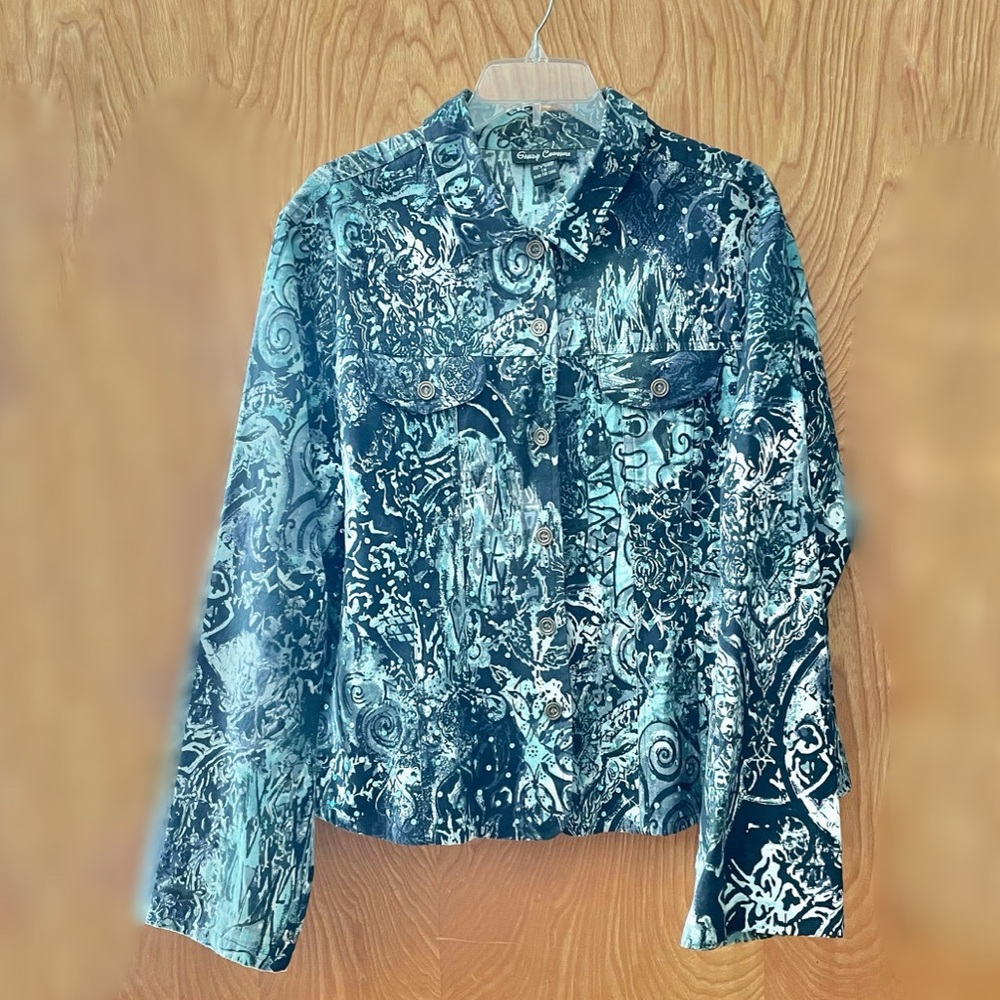 Candy Couture abstract graphic denim jacket with sequin accents, size 1X